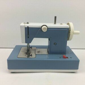 Vintage Miniature Toy Blue White Sewing Machine Hand Crank Battery Operated